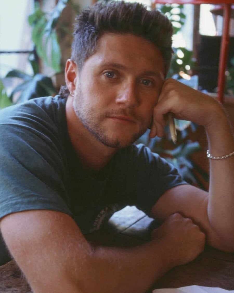Niall Horan leaning on a wooden table by a window, the official tour image