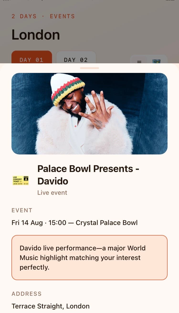 VibeTrip event detail screen for Davido performing live at Crystal Palace Bowl, London, Fri 14 Aug