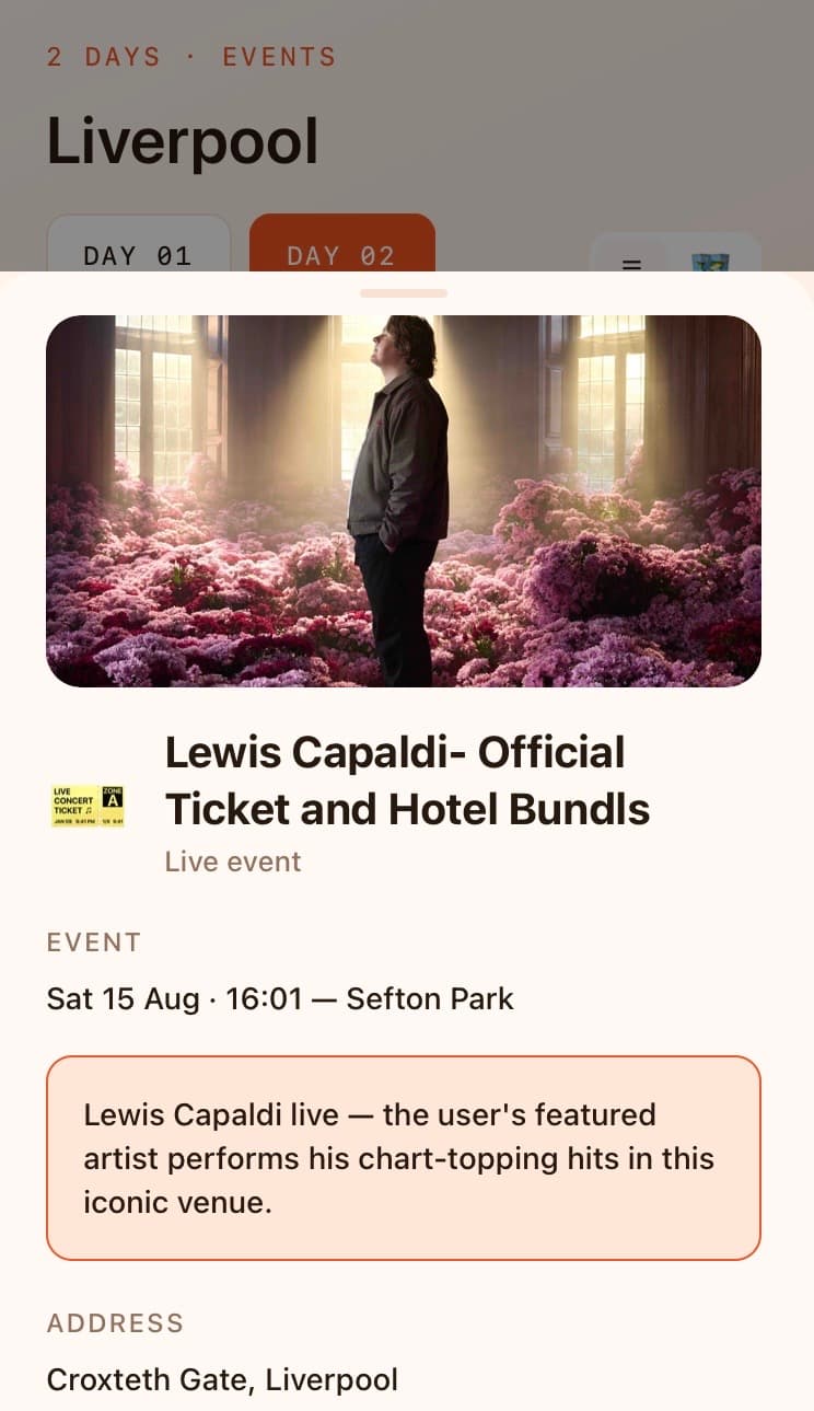 VibeTrip event detail screen for Lewis Capaldi performing live at Sefton Park, Liverpool, Sat 15 Aug