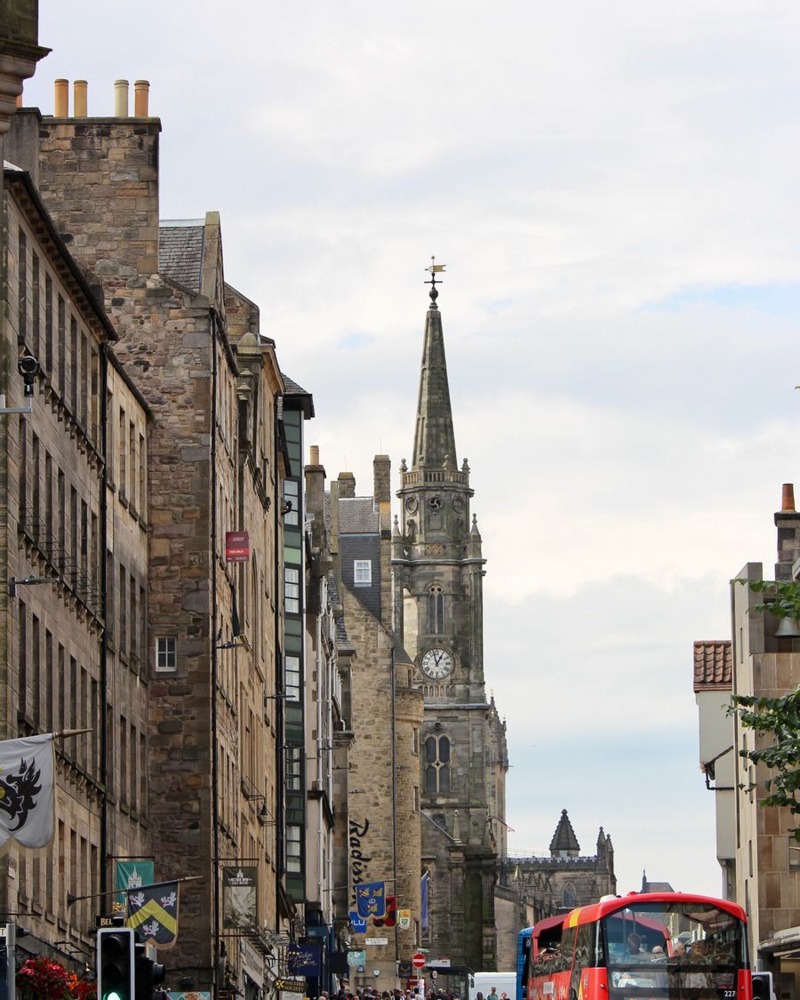Edinburgh's Royal Mile with its spires and a red bus