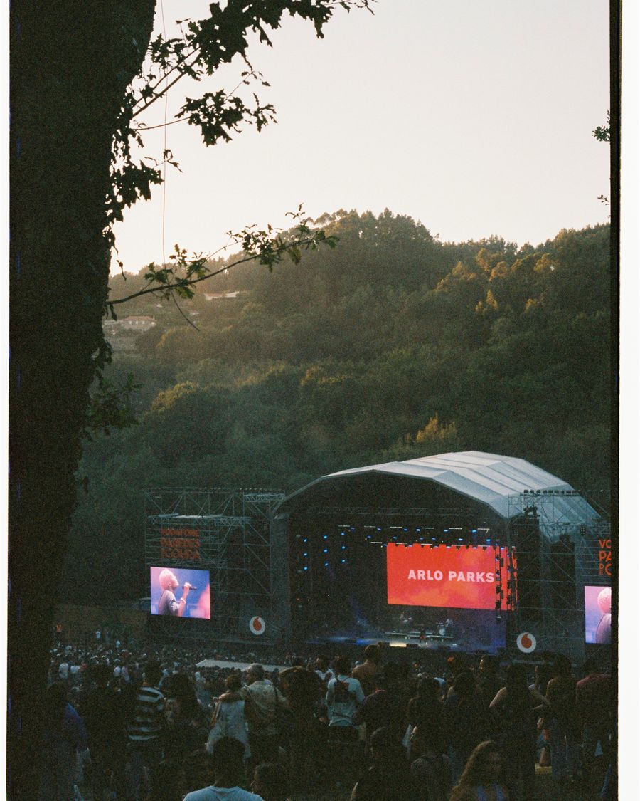 Outdoor park stage between trees at dusk with a festival crowd