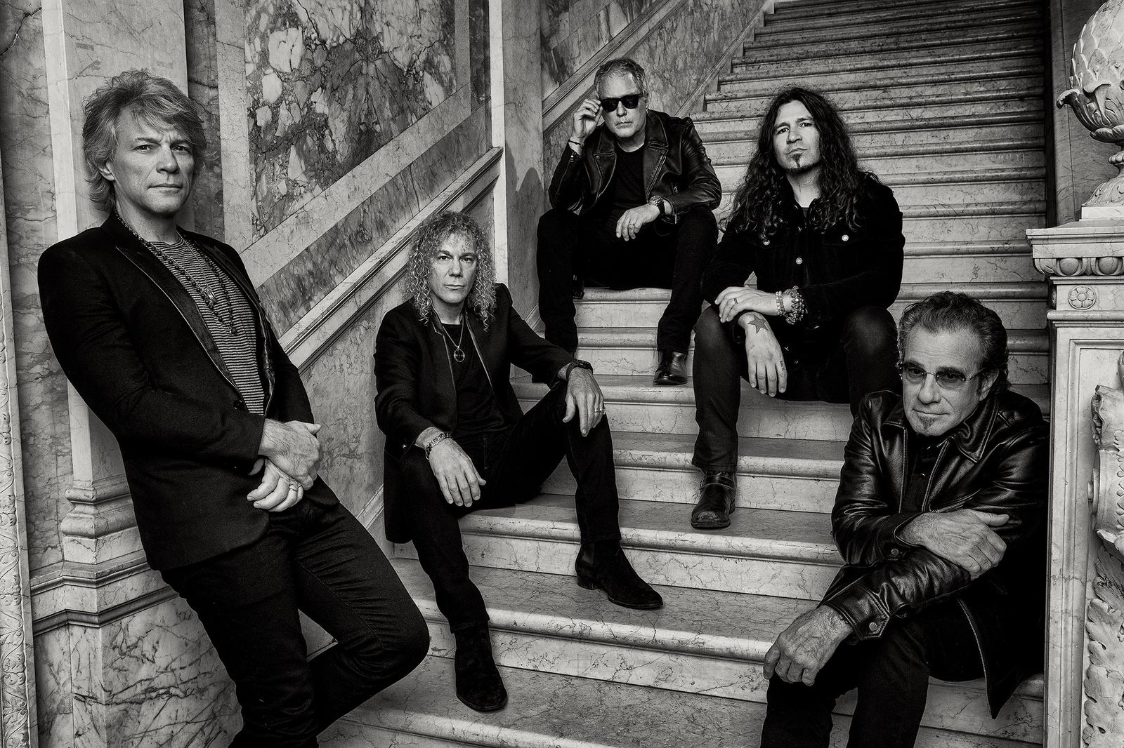 Bon Jovi in a black-and-white promotional portrait for the Forever Tour — the official tour image